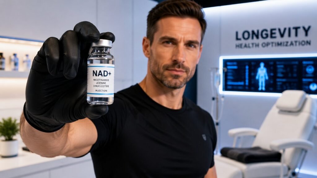 Professional administering NAD injection for longevity and cellular health.