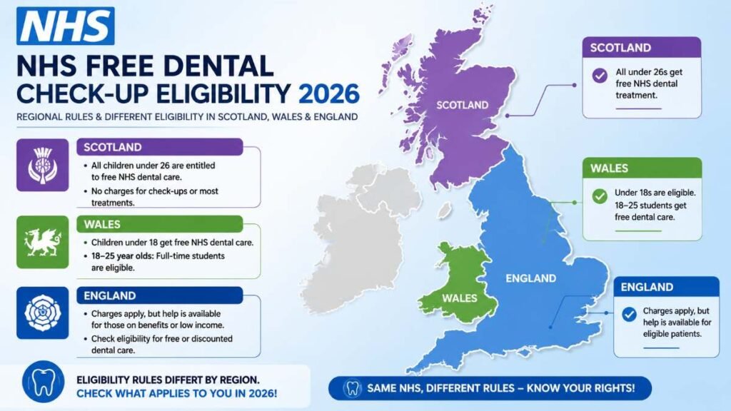 Regional differences in NHS Free Dental Check-up Eligibility 2026 across the UK.