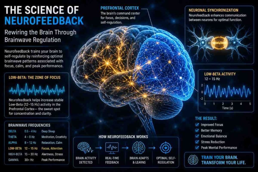 The scientific visualization of brainwave regulation and neuroplasticity during a neurofeedback session.