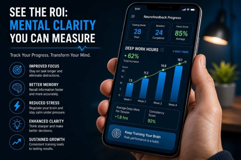 A mobile app visualization showing measurable ROI and improvement in mental clarity through neurofeedback.
