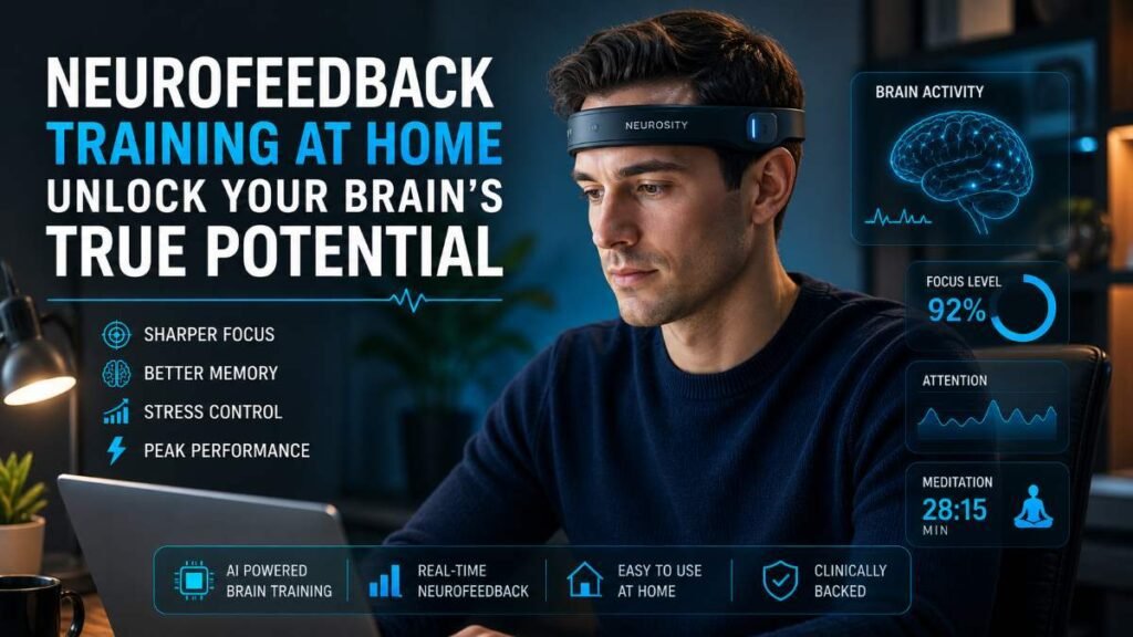A professional using a top-rated Neurofeedback device at home to enhance focus and mental clarity in 2026.