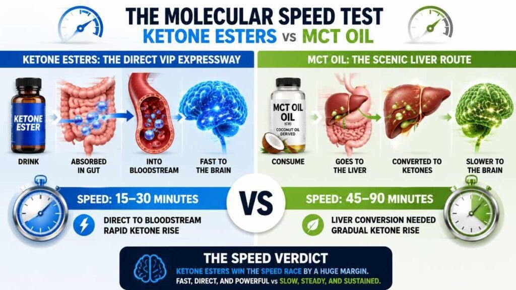 Ketone Esters vs MCT Oil molecular pathway comparison showing fast ketone delivery to the brain