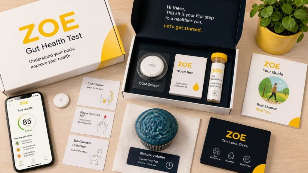 Zoe gut health test kit contents microbiome stool test CGM sensor UK review