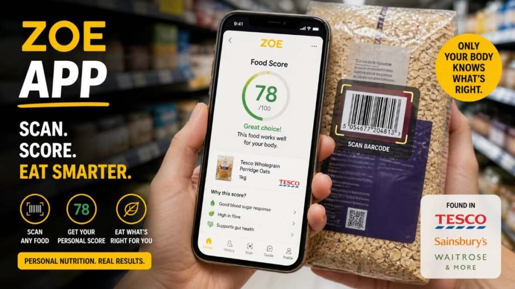 Scanning food barcode at Tesco with ZOE app personalized scores