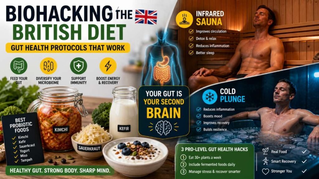 Gut health lifestyle with fermented foods kimchi and cold plunge protocol