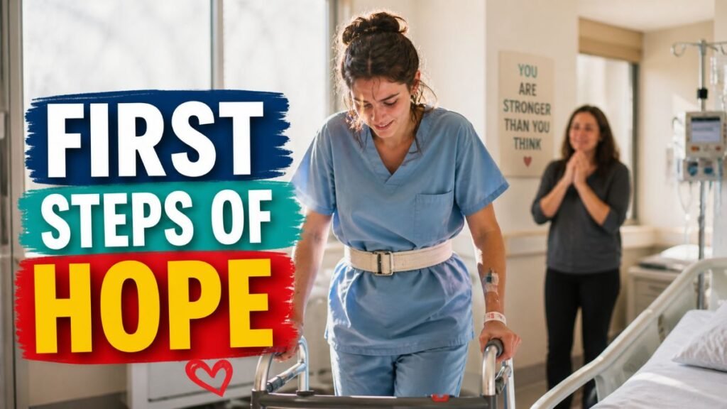 Sarah Danh recovery update showing nurse taking first steps after stroke in Texas rehab hospital