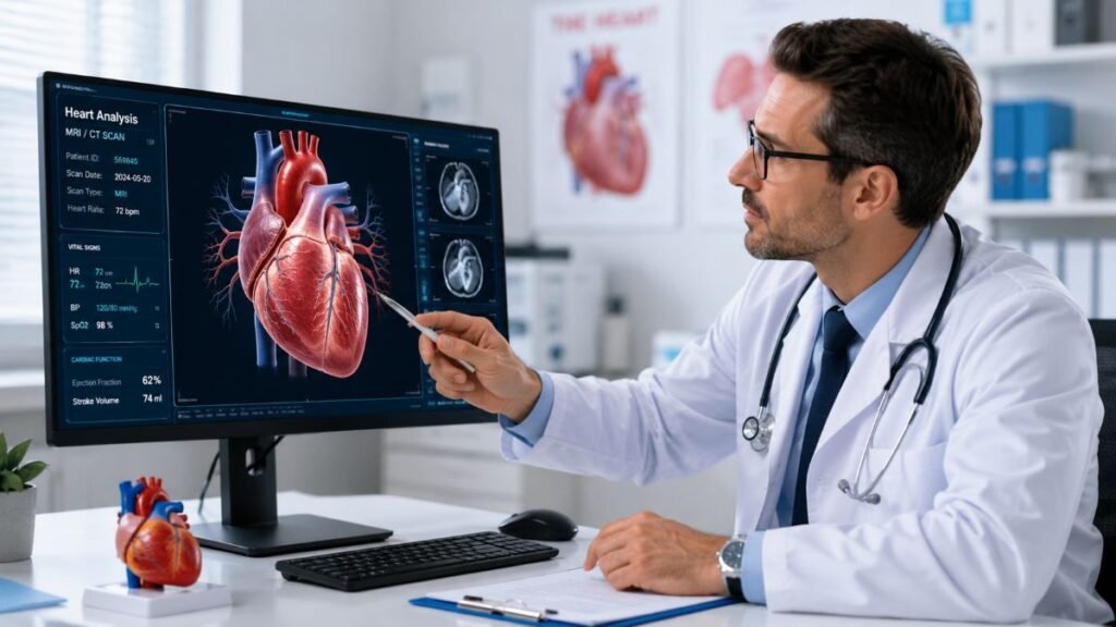 Consultant reviewing data during a private cardiology consultation UK