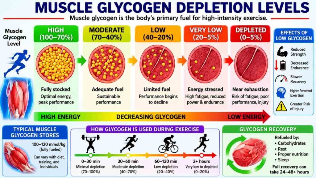 Diagram showing muscle glycogen depletion during training.