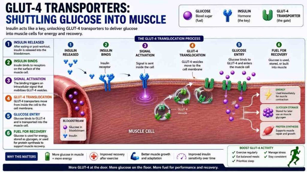 Insulin hormone shuttling nutrients for post-workout glycogen replenishment.