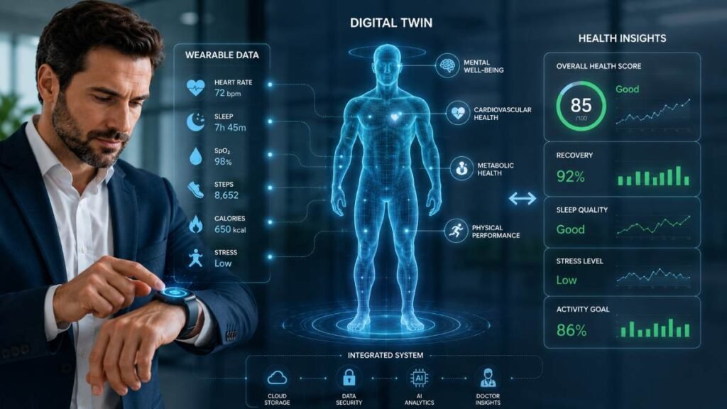 Futuristic digital health integration of wearable fitness trackers and executive clinical data.