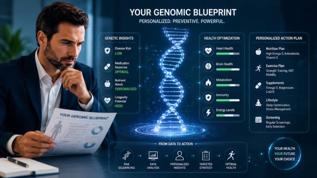 Genetic testing and personalized health reporting for elite executive physical exam optimization.