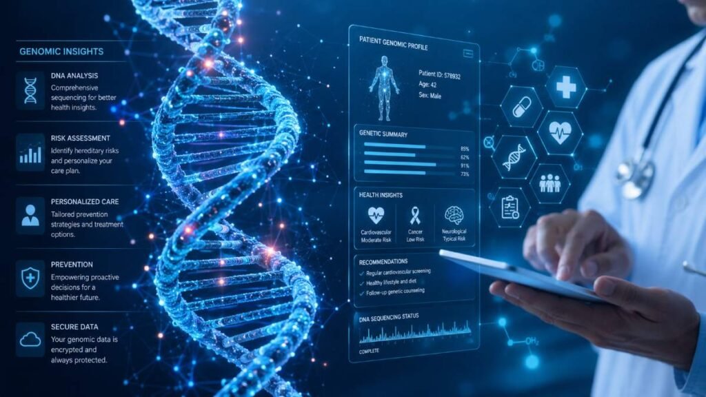 DNA strand visualization used by telehealth primary care providers for precision medicine.