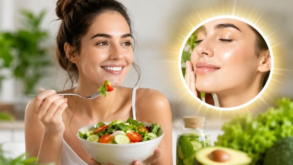 Woman enjoying a healthy anti-aging diet for skin