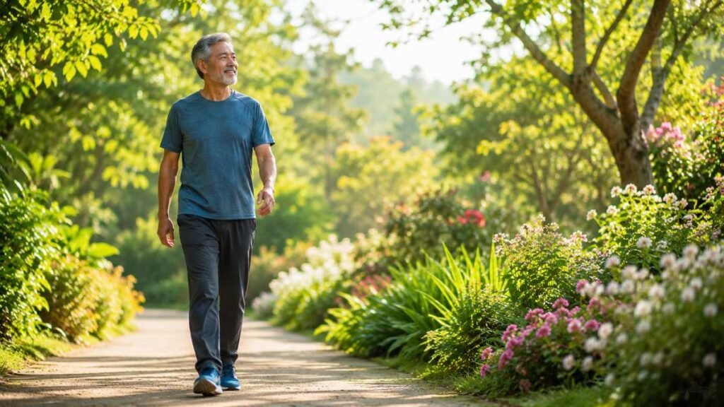 A person practicing natural movement in a garden for health.