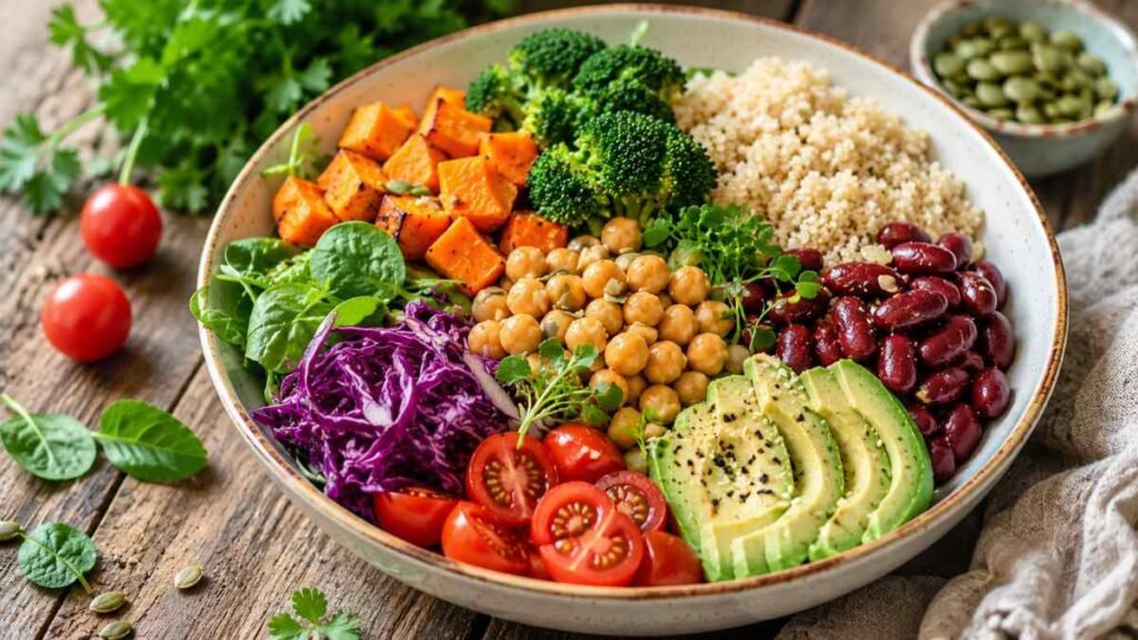 A vibrant bowl of legumes and veggies for a plant-based diet.