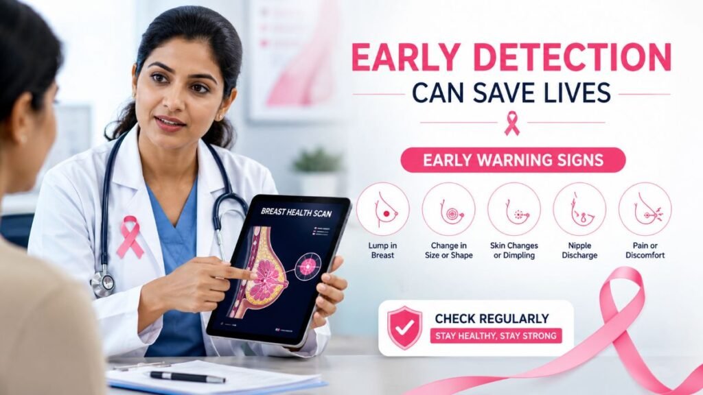 Medical professional showing early warning signs of breast cancer.