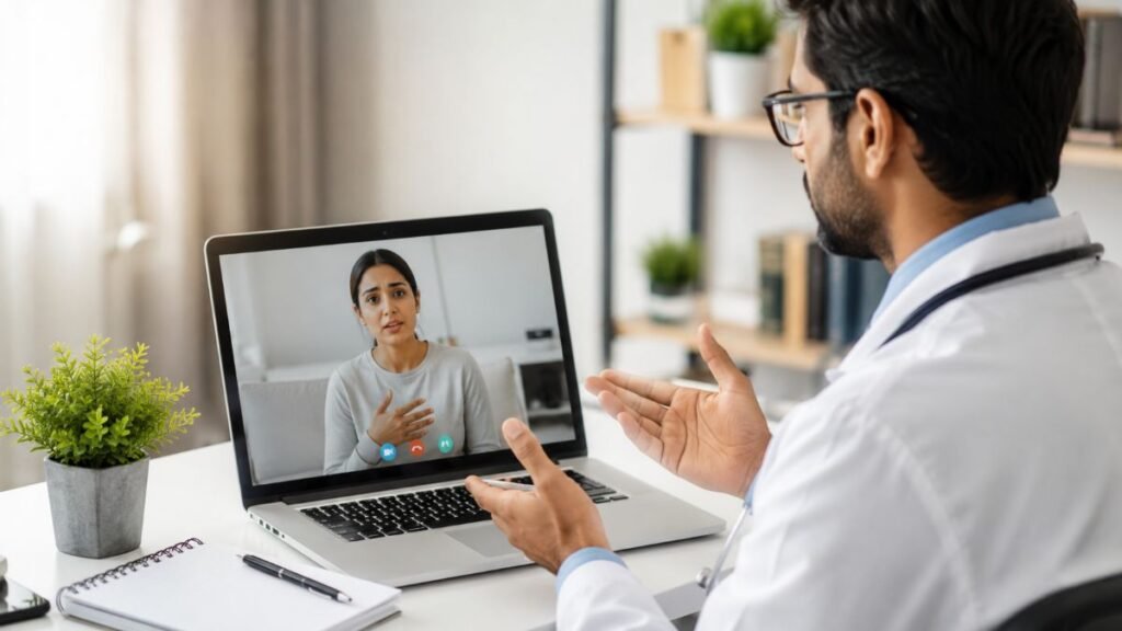 A doctor consulting a patient virtually, representing professional telehealth primary care providers