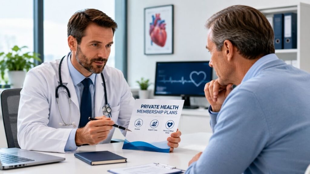 Patient discussing health goals with a doctor in a private health membership plans clinic.