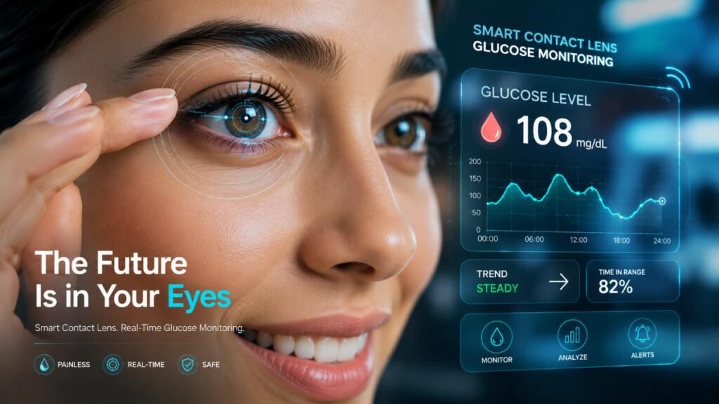 Person wearing smart contact lenses for glucose monitoring.