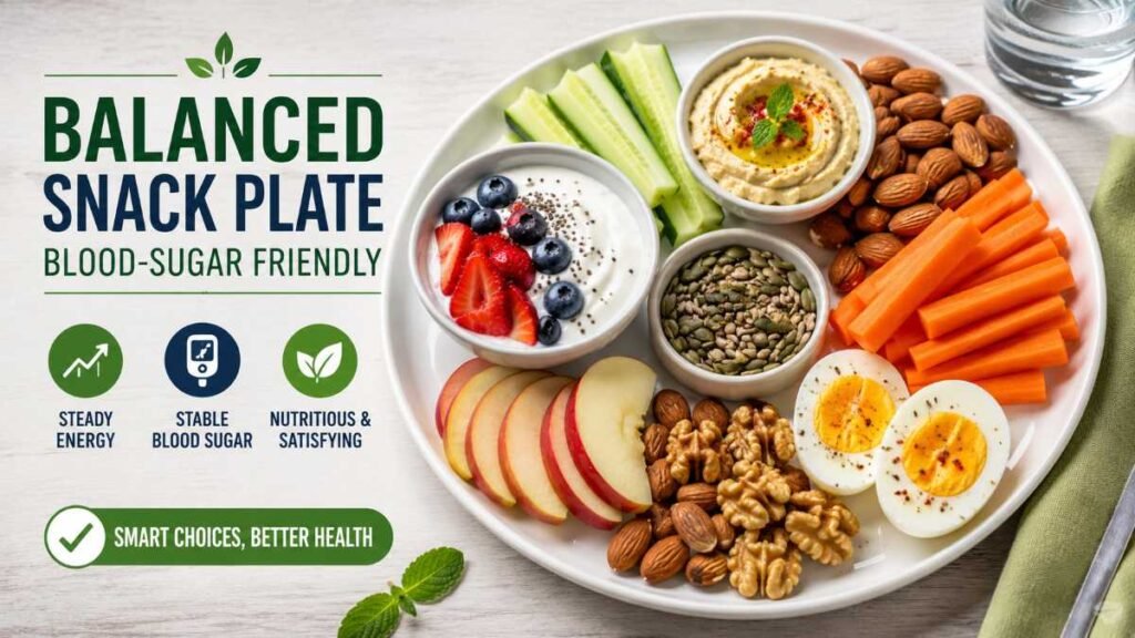 Assorted healthy blood sugar friendly snacks like avocado, nuts, and olives on a wooden table.