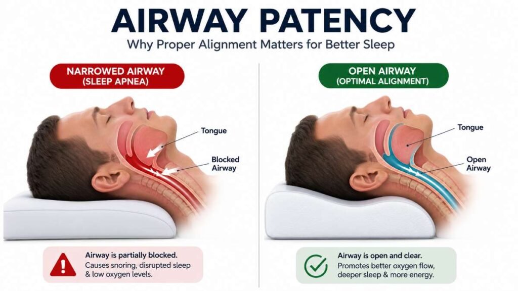 Diagram comparing airway obstruction and the best pillow for sleep apnea support.