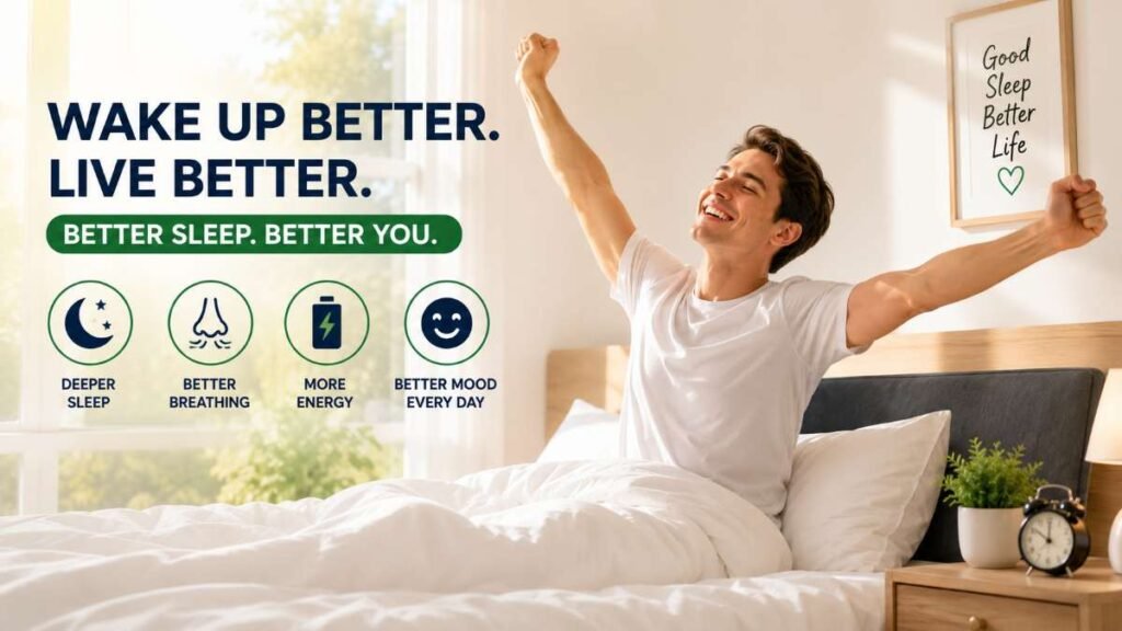 Waking up refreshed after finding the best pillow for sleep apnea.