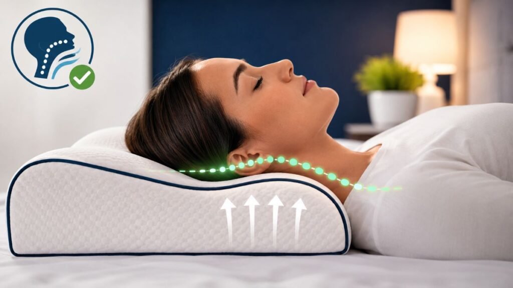 Side view showing neutral cervical alignment using the best pillow for sleep apnea.